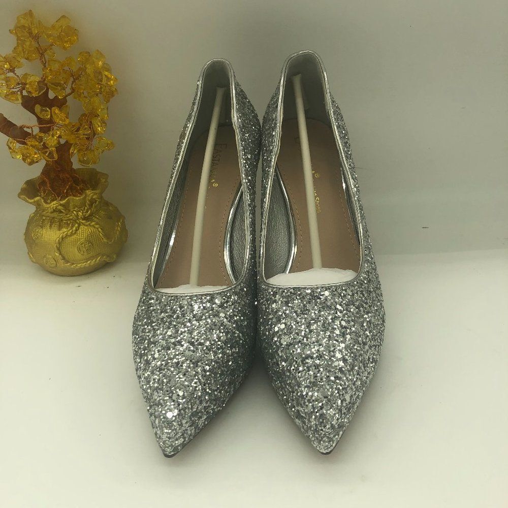Eastanna High Heel Glitter Silver Pumps Wedding Shoes